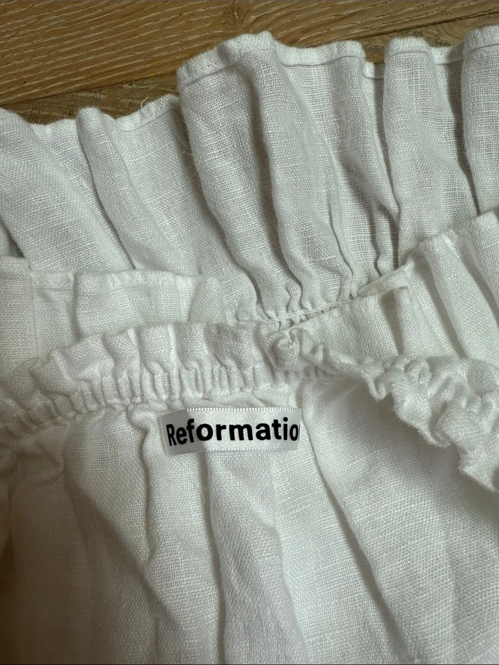 Reformation White Smocked Off-Shoulder Blouse with Puff Sleeves